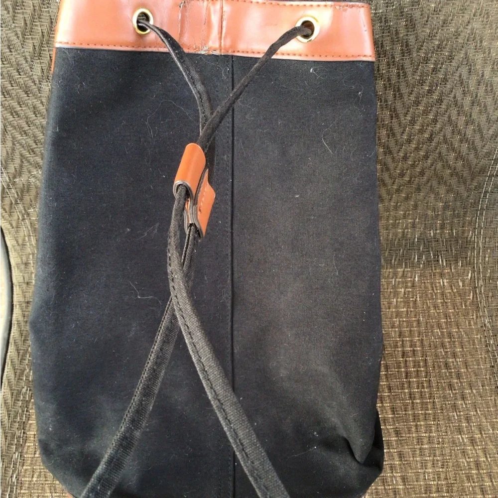 Henri Bendel Black/Tan Canvas Drawstring Bucket Bag